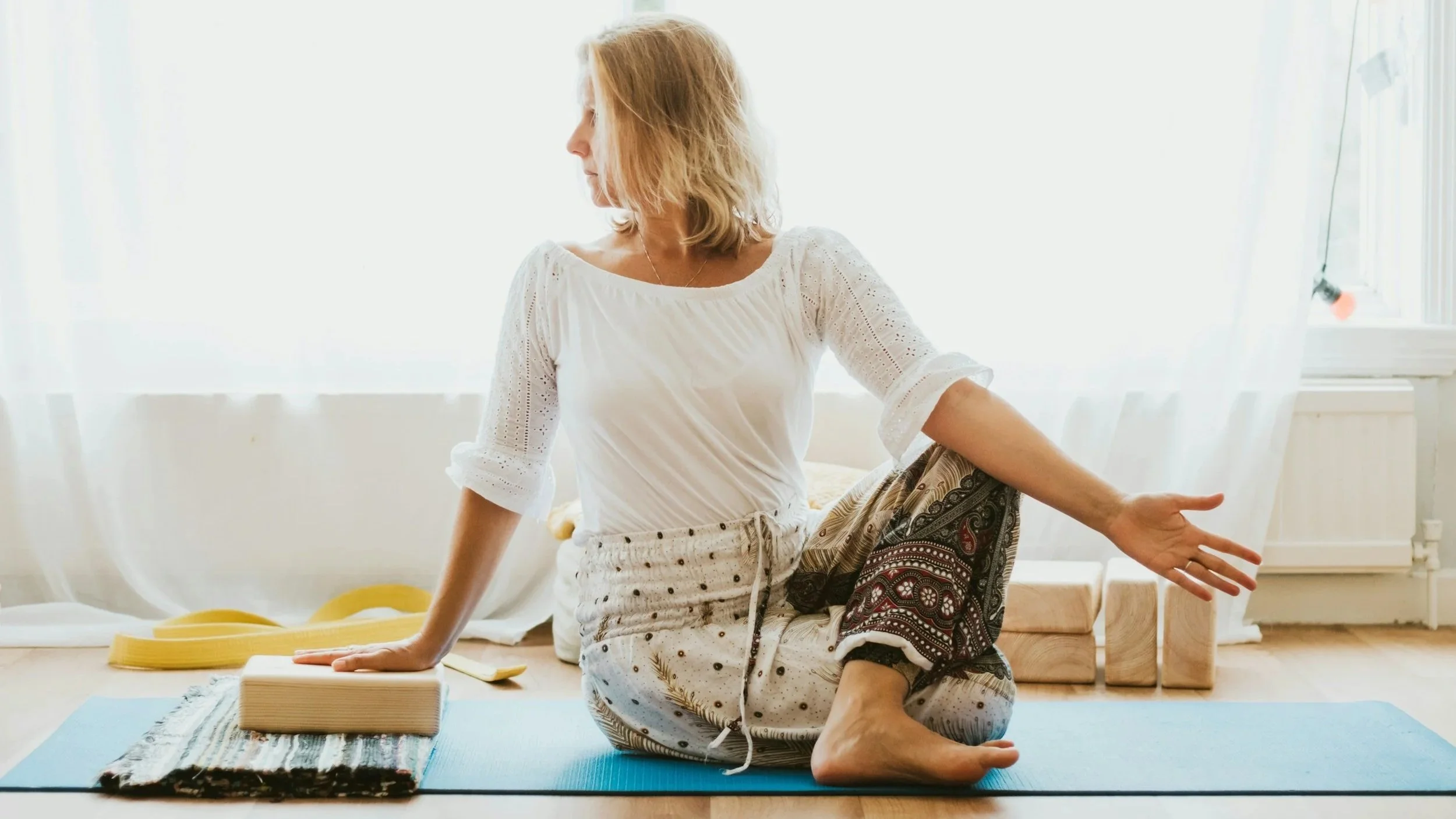 Woman practicing yoga.