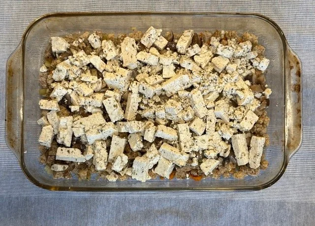 Carol Barnett's whole-food plant-based unturkey casserole, assembled and ready to bake.