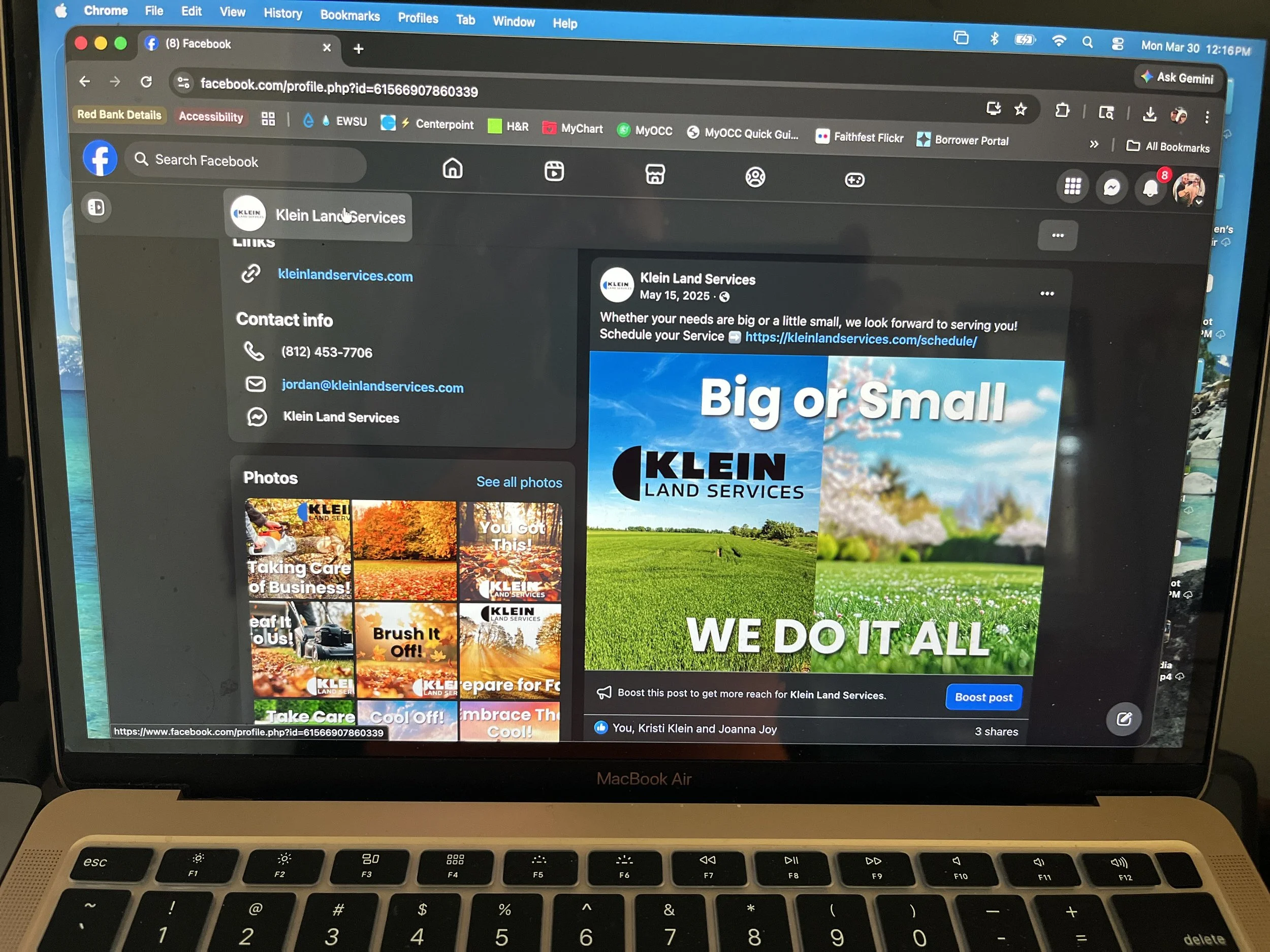 photo showing a facebook post for klein land services