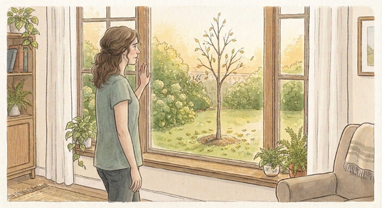 Hand-drawn illustration of a woman standing at a living room window with a worried expression, looking out at a young newly planted tree in her front yard with sparse yellow leaves and fallen leaves on the grass around it.