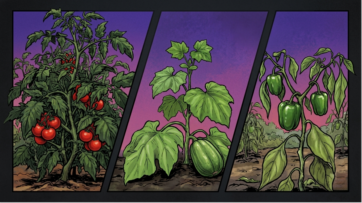 Comic-style illustration in three panels showing thriving vegetable plants: a tomato plant loaded with ripe red tomatoes, a healthy green squash plant with a full-sized squash, and a pepper plant bearing large glossy green bell peppers.