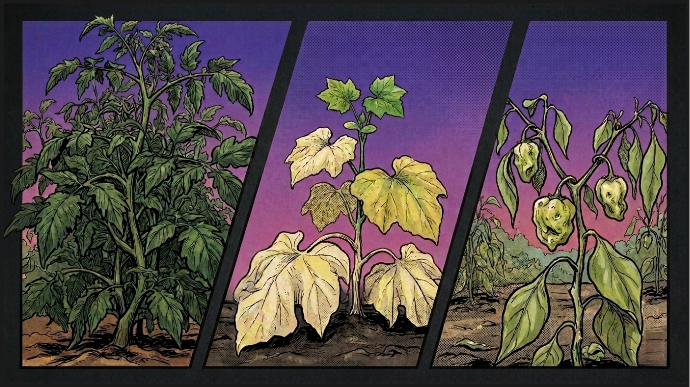 Comic-style illustration of three struggling vegetable plants: a leafy tomato with no fruit, a squash with yellowing lower leaves, and a pepper plant with undersized peppers.
