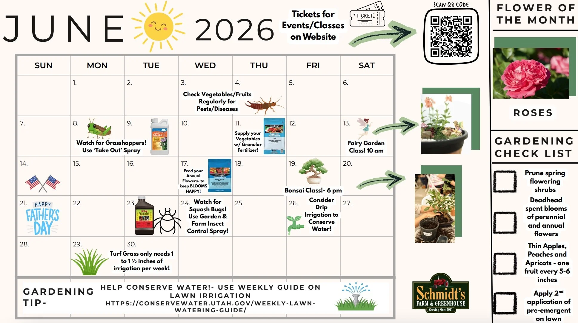 June 2026 gardening calendar with illustrations of the sun, flags, a grasshopper, a bottle of garden spray, a bingo-style frog, and a beetle, along with images of flowers and plants.