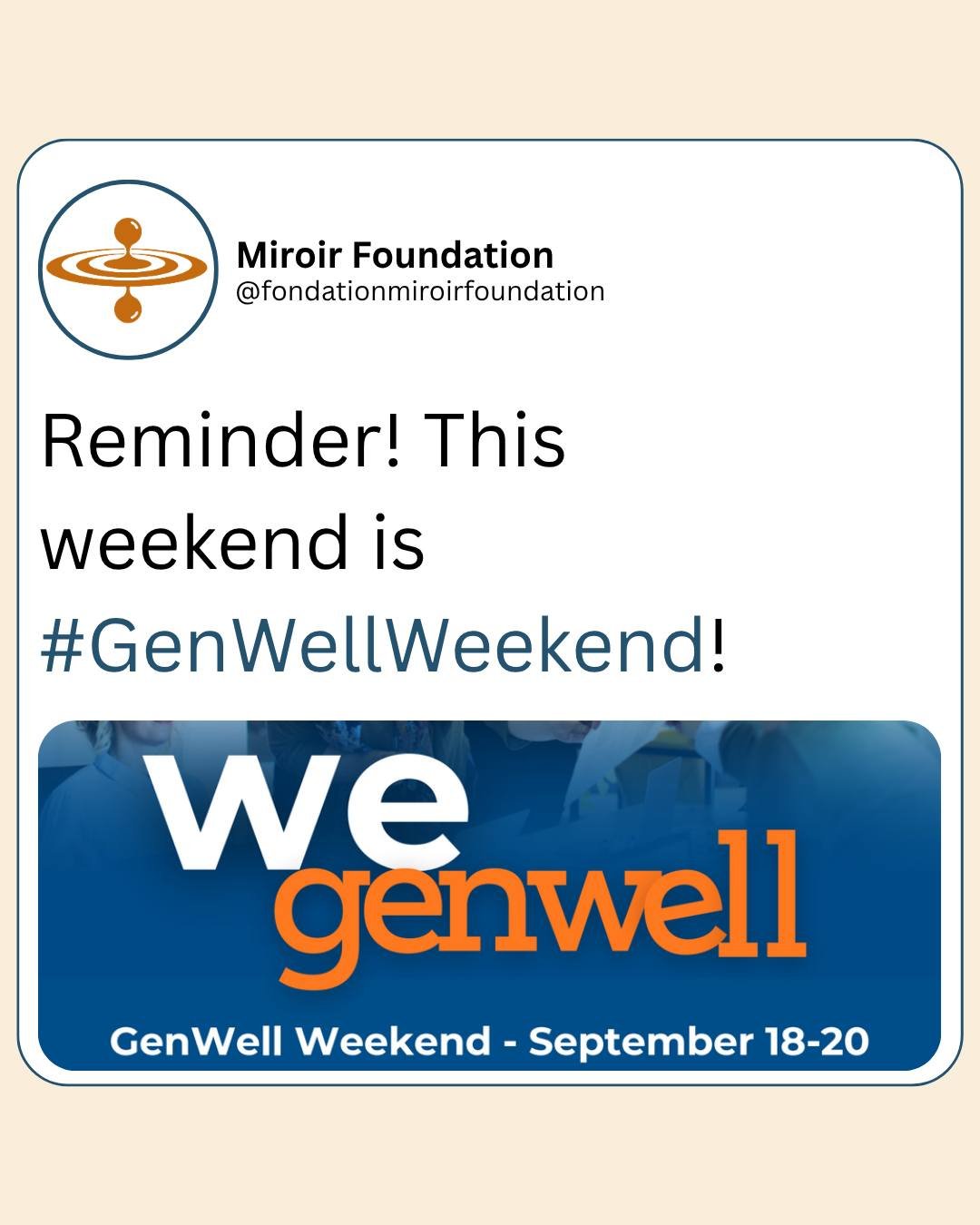 This weekend is #GenWellWeekend and it is all about social connection! 

We at the @fondationmiroirfoundation know how much a short visit, a phone call, or a shared coffee can change an older adult&rsquo;s week. Chronic loneliness will rarely announc