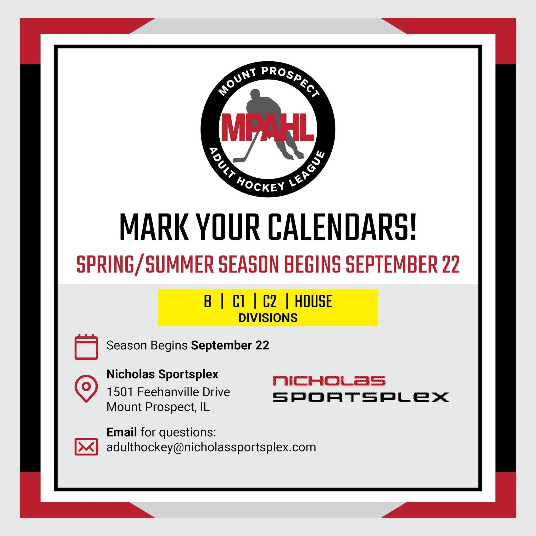 It’s almost time for another season of MPAHL hockey at Nicholas Sportsplex! 🏒 Don’t miss your chance to get in on the action, register your team now!
🔗 Register here: https://mpahl.sportngin.com/register/form/479809649 (Link in bio)
📅