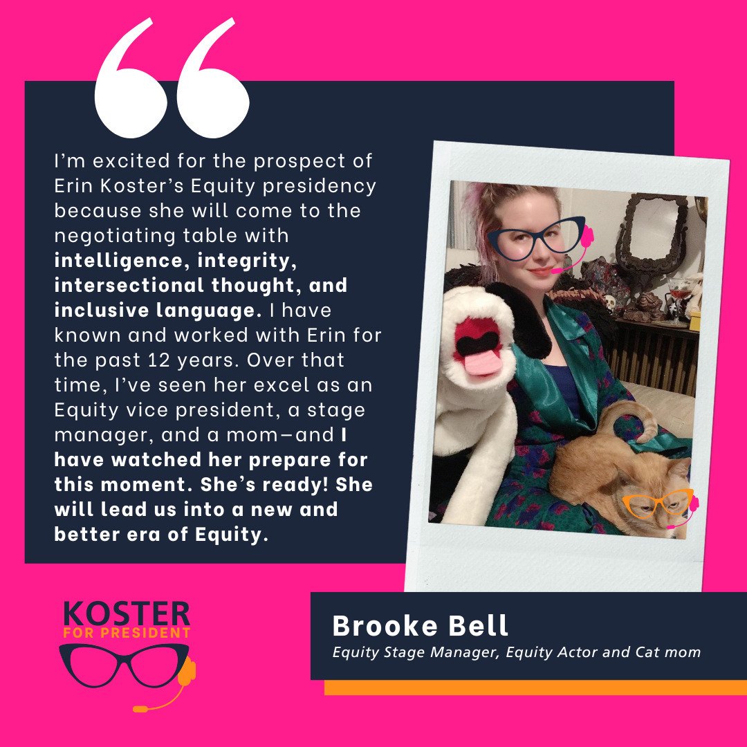 ALT TEXT:
I&rsquo;m excited for the prospect of Erin Koster&rsquo;s Equity presidency because she will come to the negotiating table with intelligence, integrity, intersectional thought, and inclusive language. I have known and worked with Erin for t