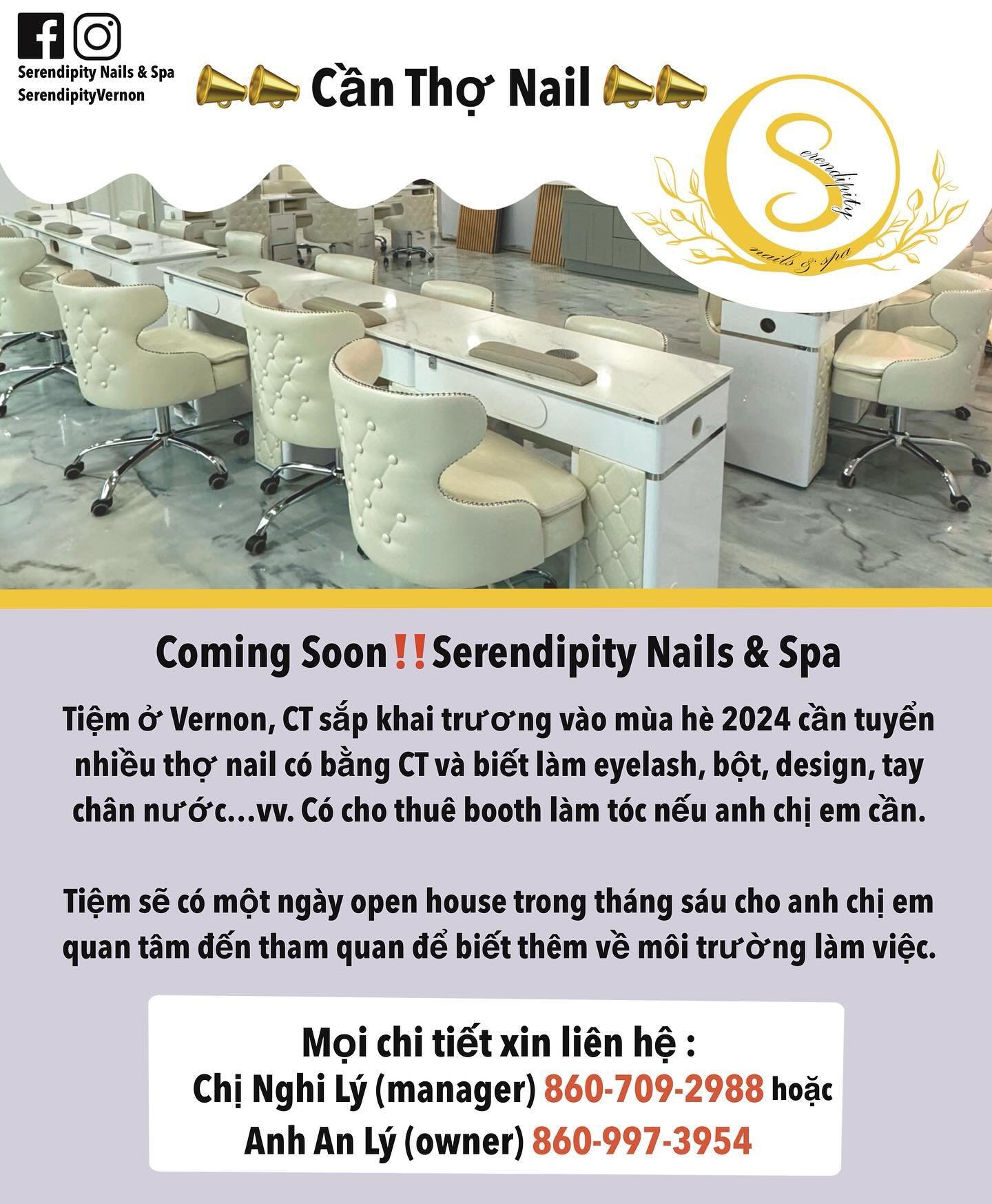 🚨🚨HIRING: CERTIFIED TECHNICIANS🚨🚨
Please either call any of the numbers listed above, DM our Instagram @serendipityvernon, or message our Facebook page at Serendipity Nails &amp; Spa for more information or if interested!!
We can not wait to spea