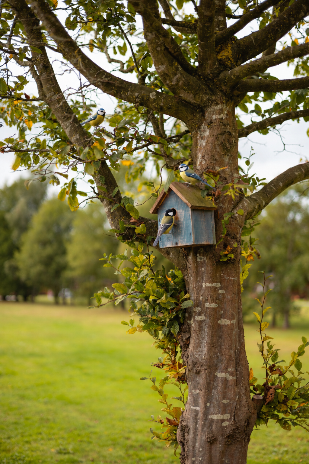 Songbirds Around a Rustic Birdhouse.png