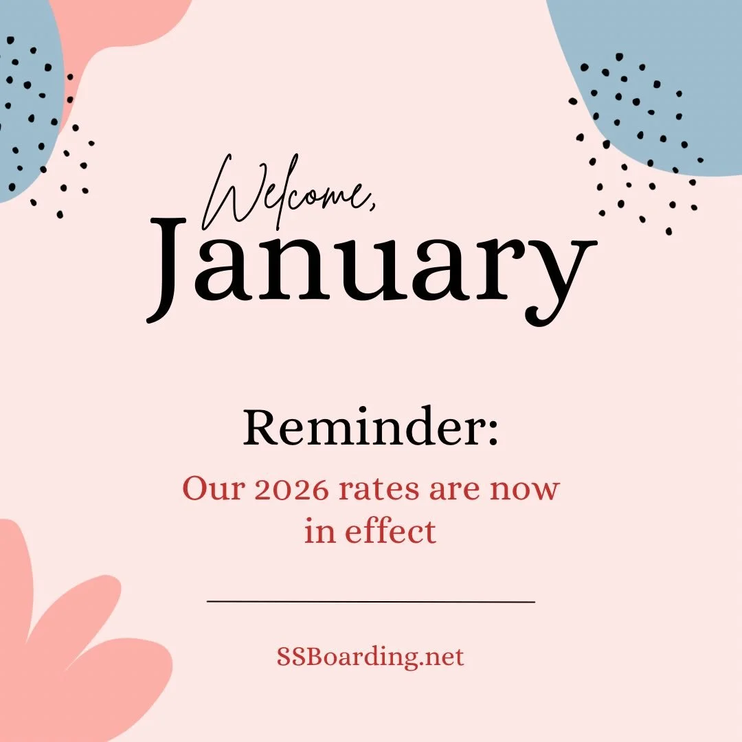 🥂 Happy New Year!

💛 Thank you for supporting our small business and trusting us with your pets. We truly appreciate your continued support and look forward to providing exceptional care in the year ahead.

.
.

💻 SSBoarding.net
Dog Boarding | Dog