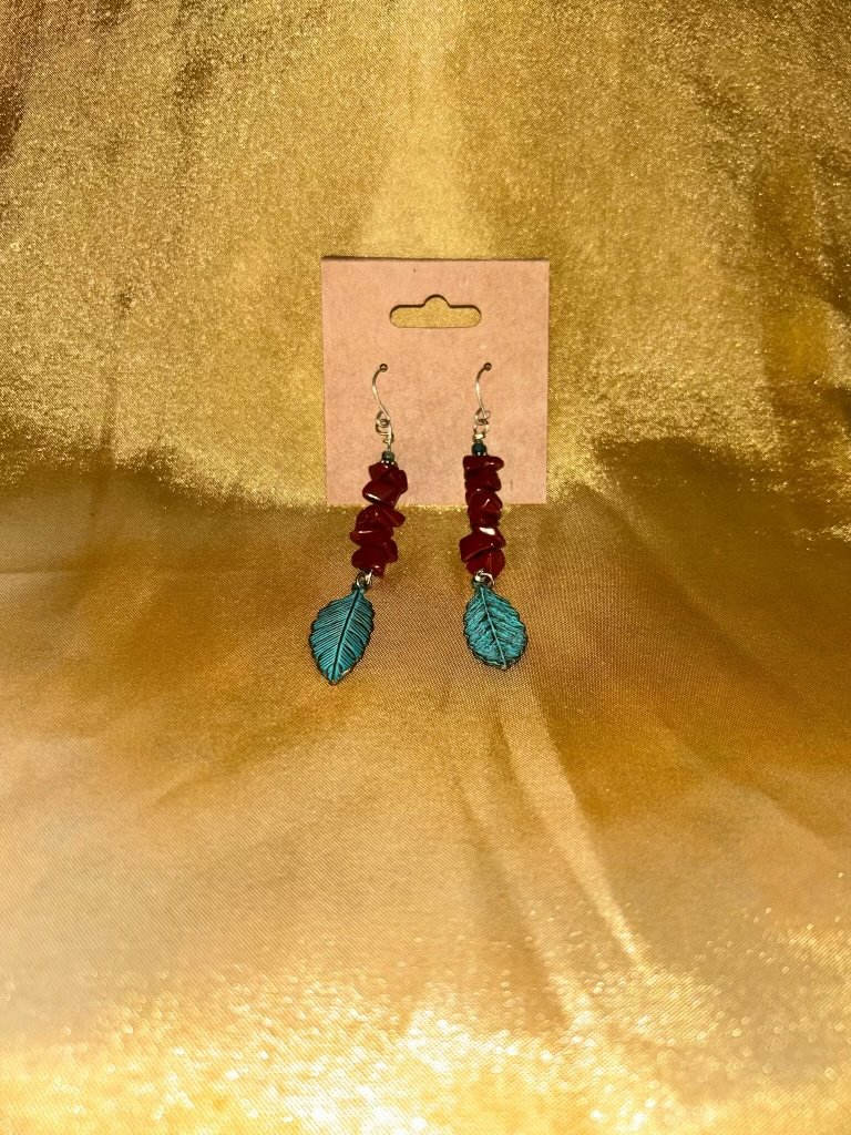 Red Stone and Leaf Charm Earrings