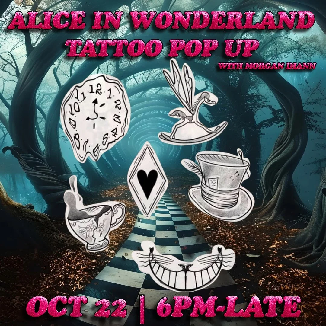 Ain&rsquo;t your average tea party 🍸💉
The Alice in Wonderland Tattoo Pop-Up kicks off tonight &mdash; tattoos start at 6PM, with @morgandianntattoo and the drinks are getting curiouser by the minute.
Remember to eat before getting inked with a bite