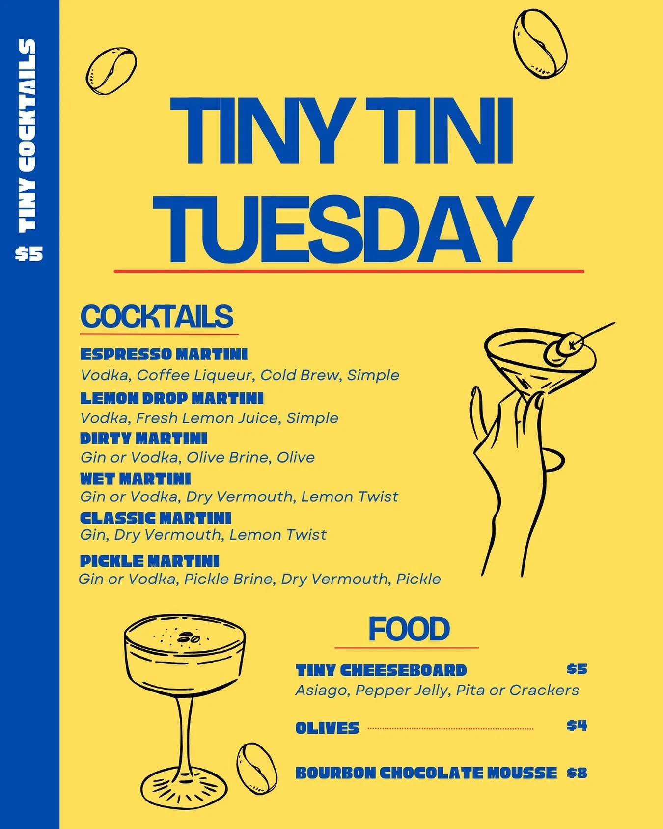 Small glasses, huge energy 🤌✨
Tiny Tini Tuesday returns for the start of November!
$5 martinis, cozy weather, and cute lil sips all night long 🍸😍
Doors at 5PM &mdash; bring the tiny tini squad.