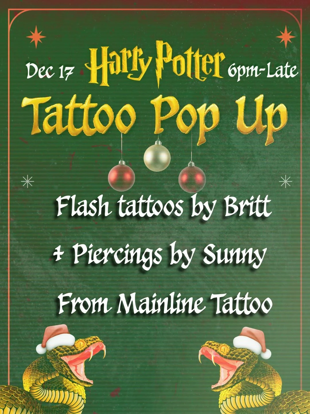 Owl Post Delivery:
Your invitation to our Harry Potter tattoo + piercing pop-up on Dec 17th!
We open at 5 PM, tattoos start at 6 PM, and spots will disappear faster than a golden snitch &mdash; so arrive early!
@britter_tattoos casting tattoo spells 