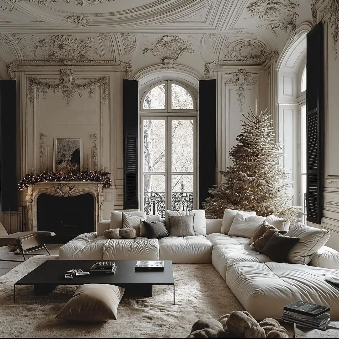 Living room goals redefined! 🛋️✨ Step into elegance with floor-to-ceiling arched windows adorned with sleek black shutters, intricate molding adding a touch of opulence, and a spacious modern white sectional beckoning relaxation. 🏡

Design by:  @pk