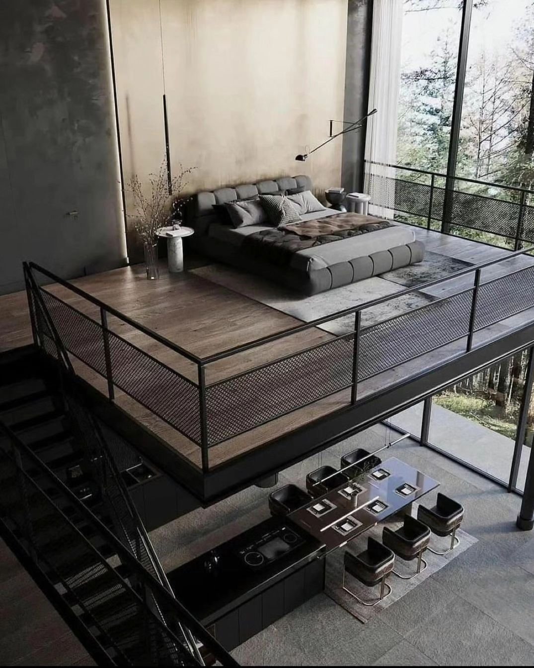 Unwind in style in this stunning lofted oasis! 🌟 Floor-to-ceiling glass windows flood the space with natural light, while a lofted bedroom adds a touch of luxury. The beige accent wall brings warmth and sophistication to this modern masterpiece. Wou