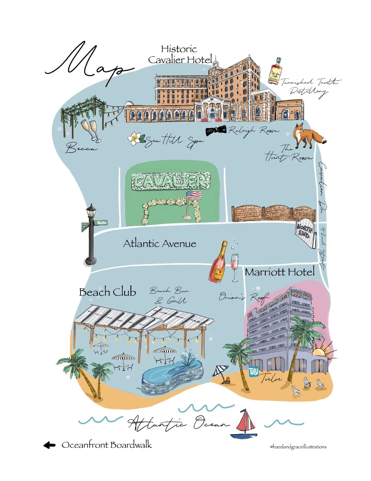 Custom Wedding Map of cavalier and oceanfront virginia beach