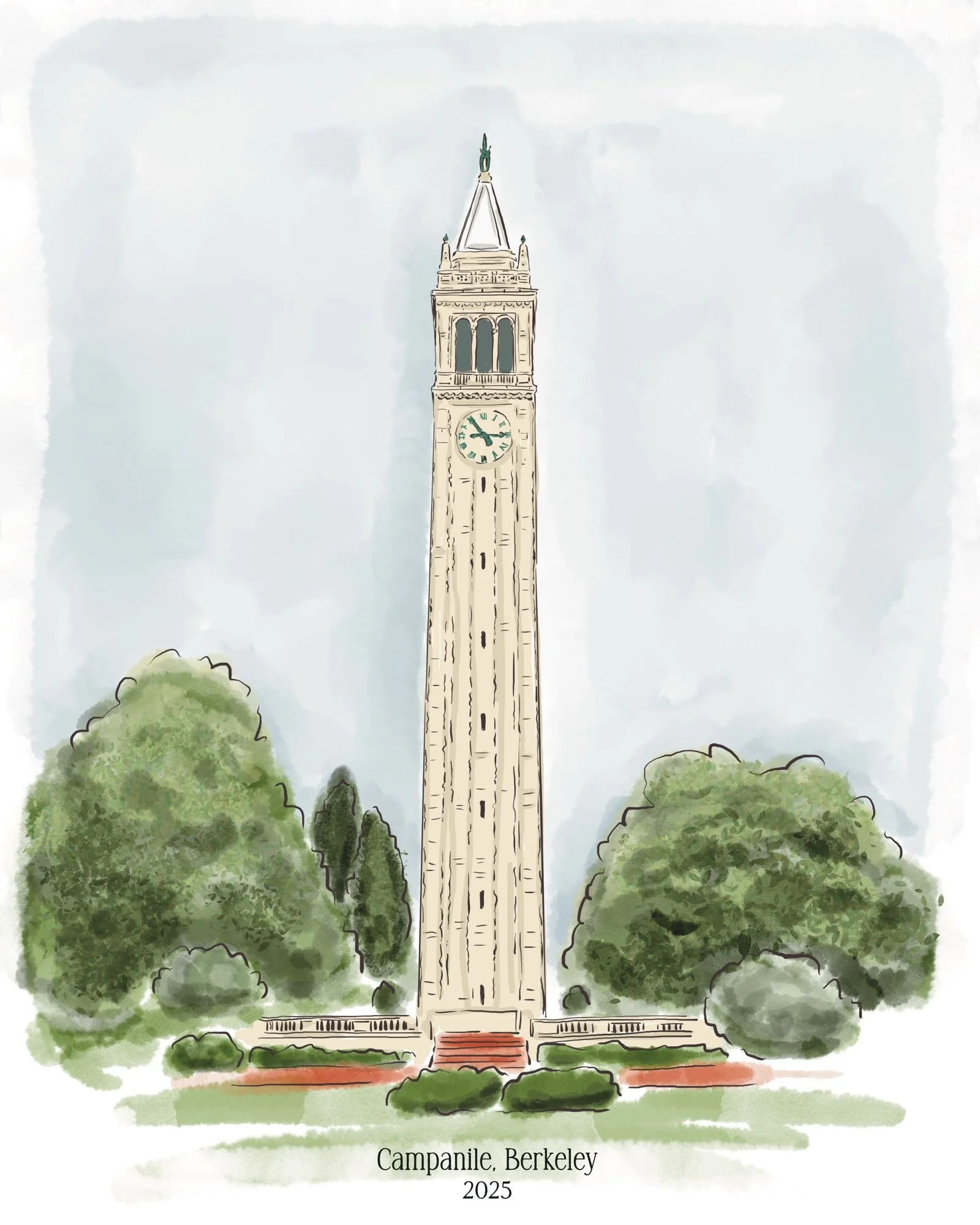 Campanile, Berkley clock tower watercolor illustration