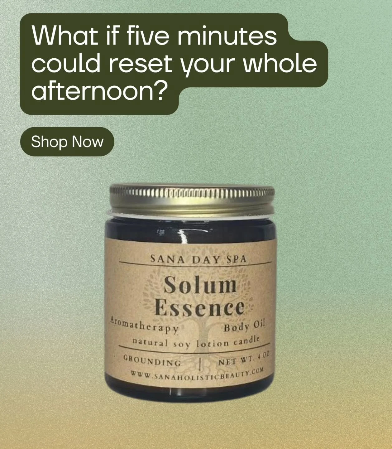 What if five minutes could bring you back to yourself?
Light Solum Essence, breathe deeply, and let the warmth soften everything you&rsquo;ve been holding.

A small ritual &mdash; a full reset.
Explore more at www.sanaholisticbeauty.com