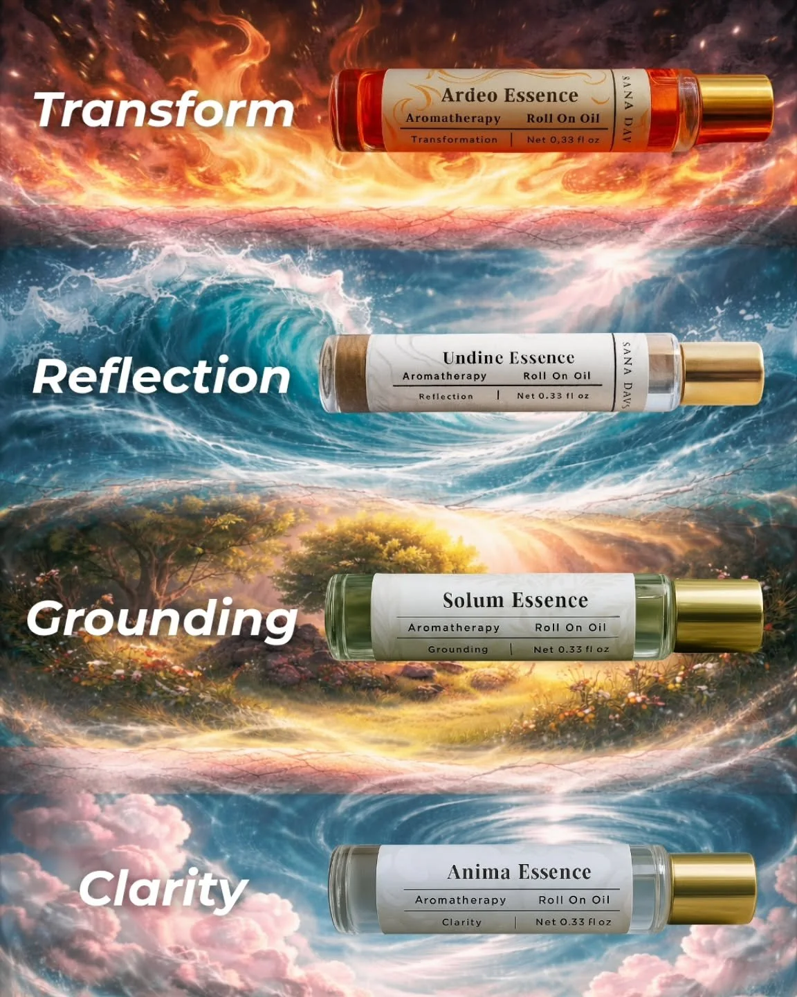Four elements.
Four intentions.
One gentle return to yourself.

At Sana Day Spa, each Essence Roll-On is designed as a small ritual of care.
A moment to pause, breathe, and respond to what your body needs.

Transform with Fire.
Reflect with Water.
Gr