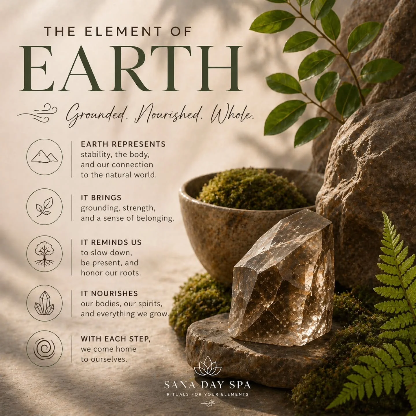 Sana Day Spa invites you back to the elements.

🌿 Earth
💧 Water
🔥 Fire
🌬 Air

Each one offers a different kind of care.
A different way to return to yourself.
Wellness can be simple.
Just notice what you need
and meet yourself there.
Return to th