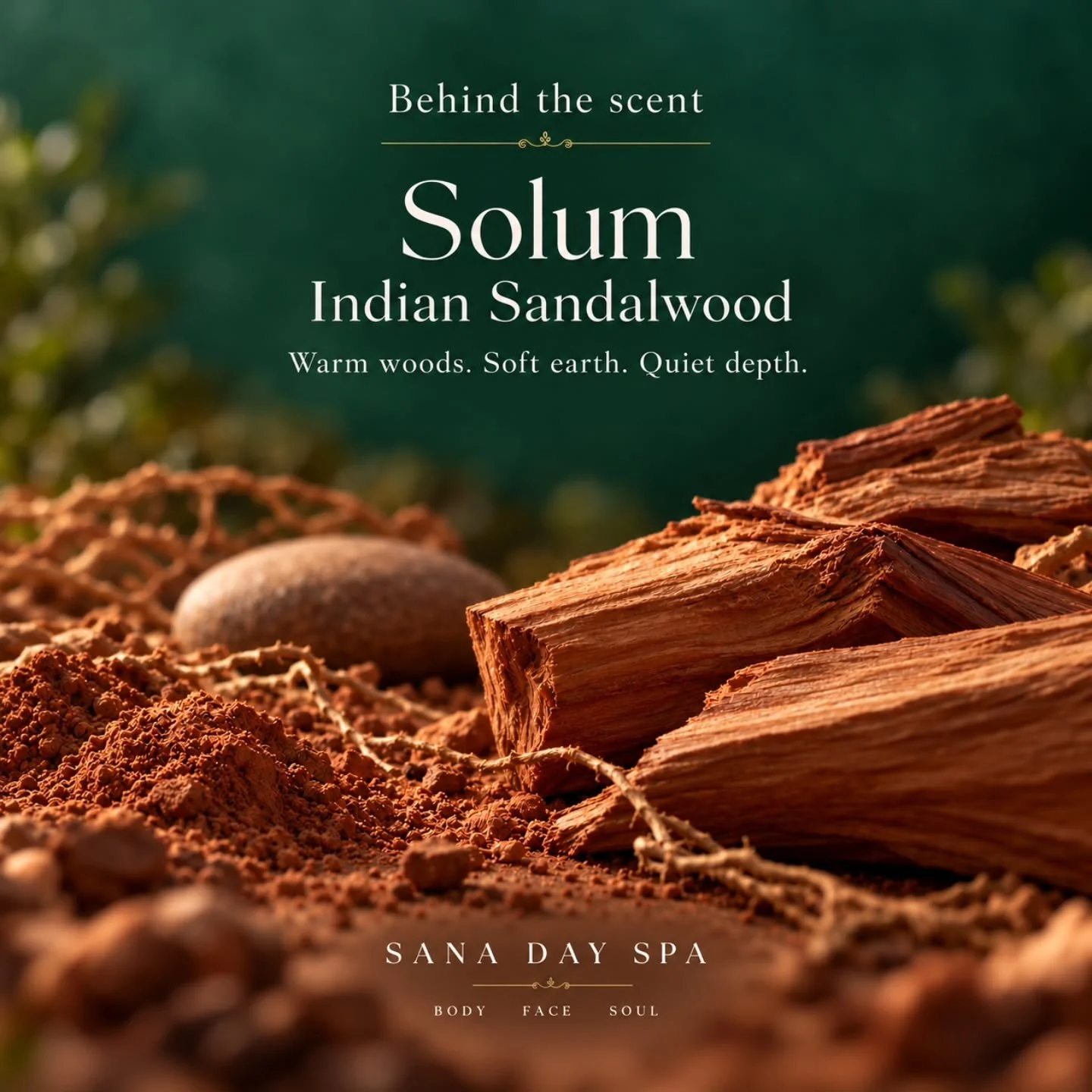 Indian Sandalwood gives Solum its warm, woody depth.

Its smooth, earthy character recalls tree grain, roots, and sun-warmed soil. These natural textures shape Sana&rsquo;s interpretation of Earth: steady, tactile, and close to nature.

Discover Solu