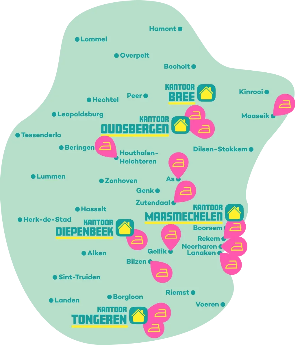 Kaart van Limburg met de strijkpunten en infopunten van NET=NET