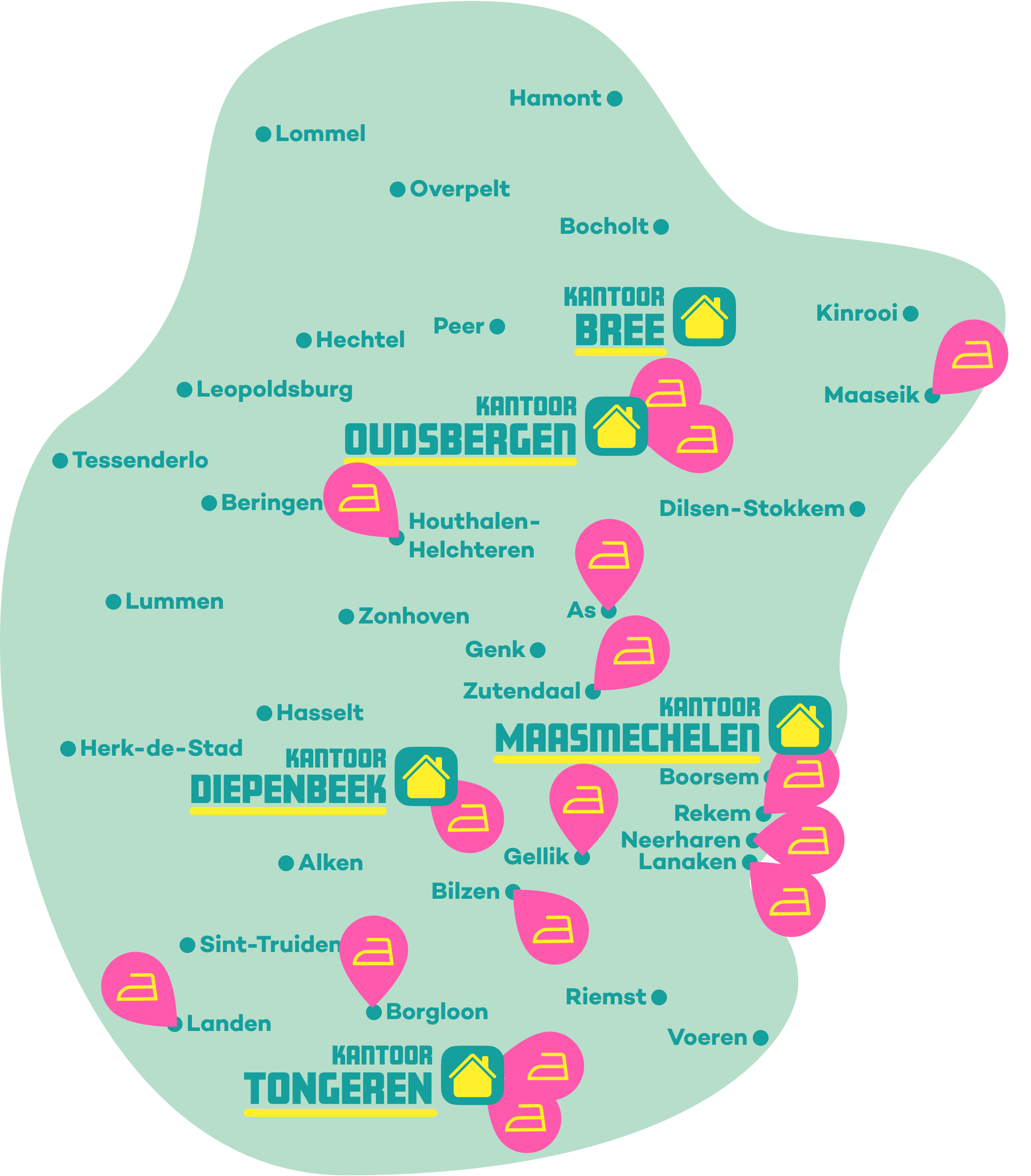 Kaart van Limburg met strijkpunten en kantoren