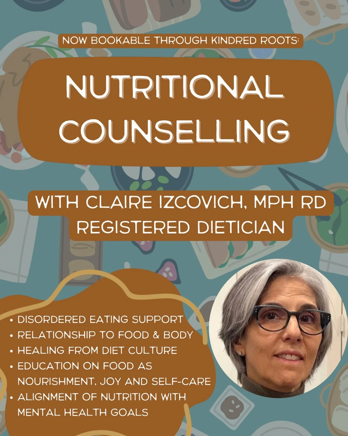 We are excited to share that Nutrition Counselling is now bookable through Kindred Roots! 🥑✨

Introducing Registered Dietitian Claire Izcovich! Claire believes that food should be a source of nourishment and joy, not a source of stress. With over 18