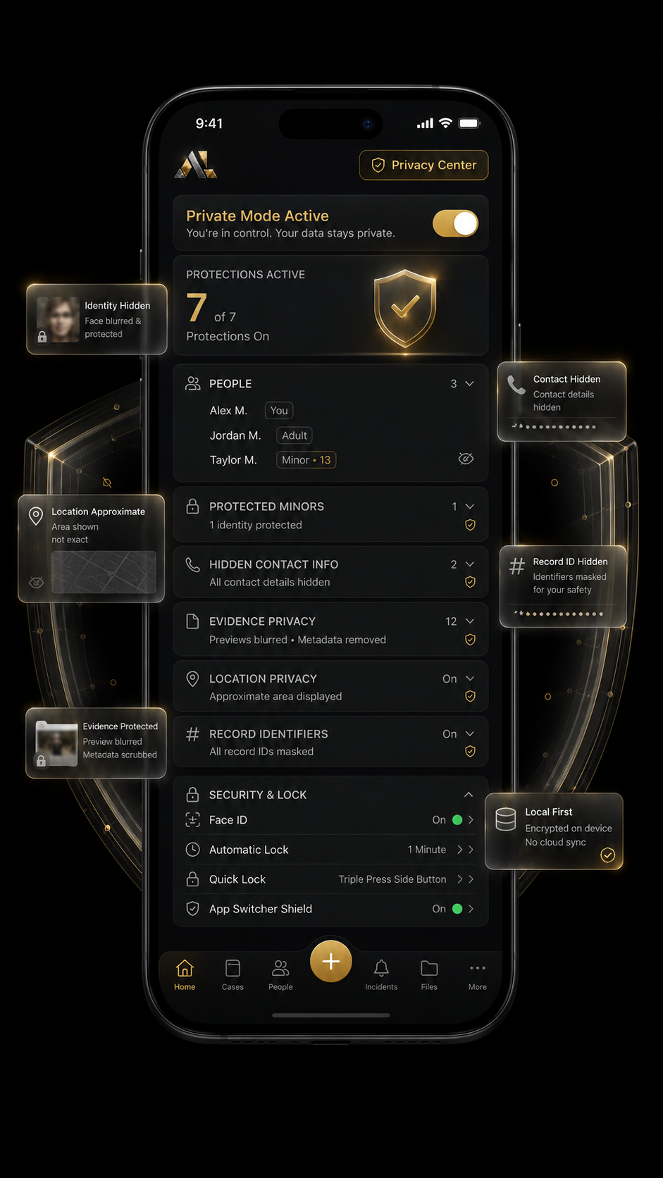 Mobile phone screen displaying a privacy security app with various protected and hidden data such as identity, contact info, location, and record identifiers, with options enabled for privacy and security.