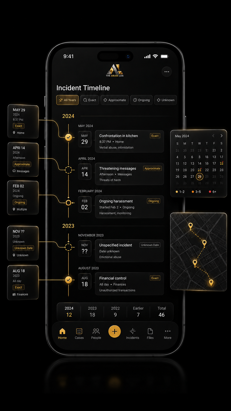 Mobile phone screen displaying an incident management app with a timeline of incidents, dates, tags, and locations, all in dark mode with gold accents.