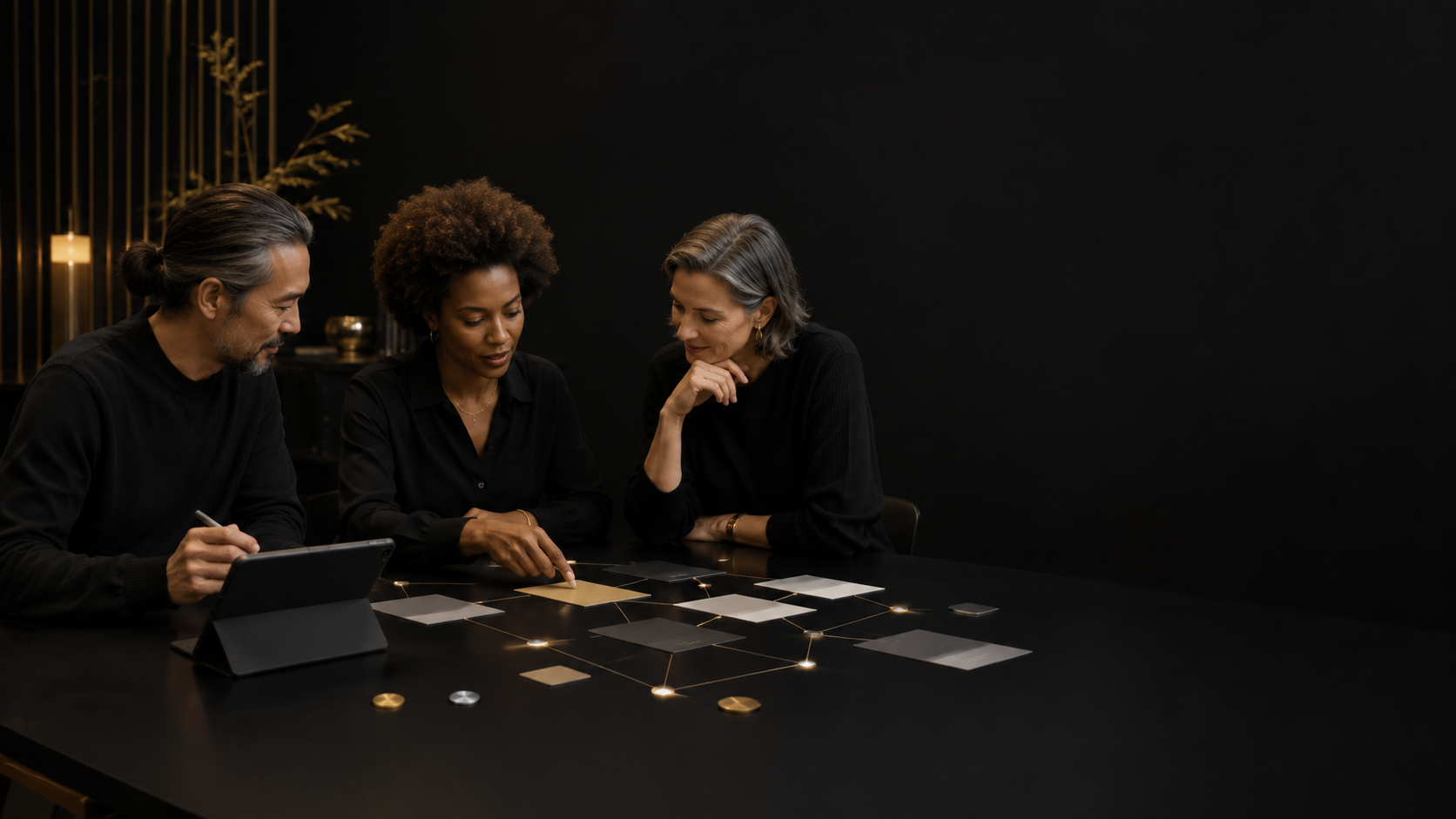 Three people sitting at a dark table, engaged in a discussion over documents or cards, with a dark background and minimalistic decor.