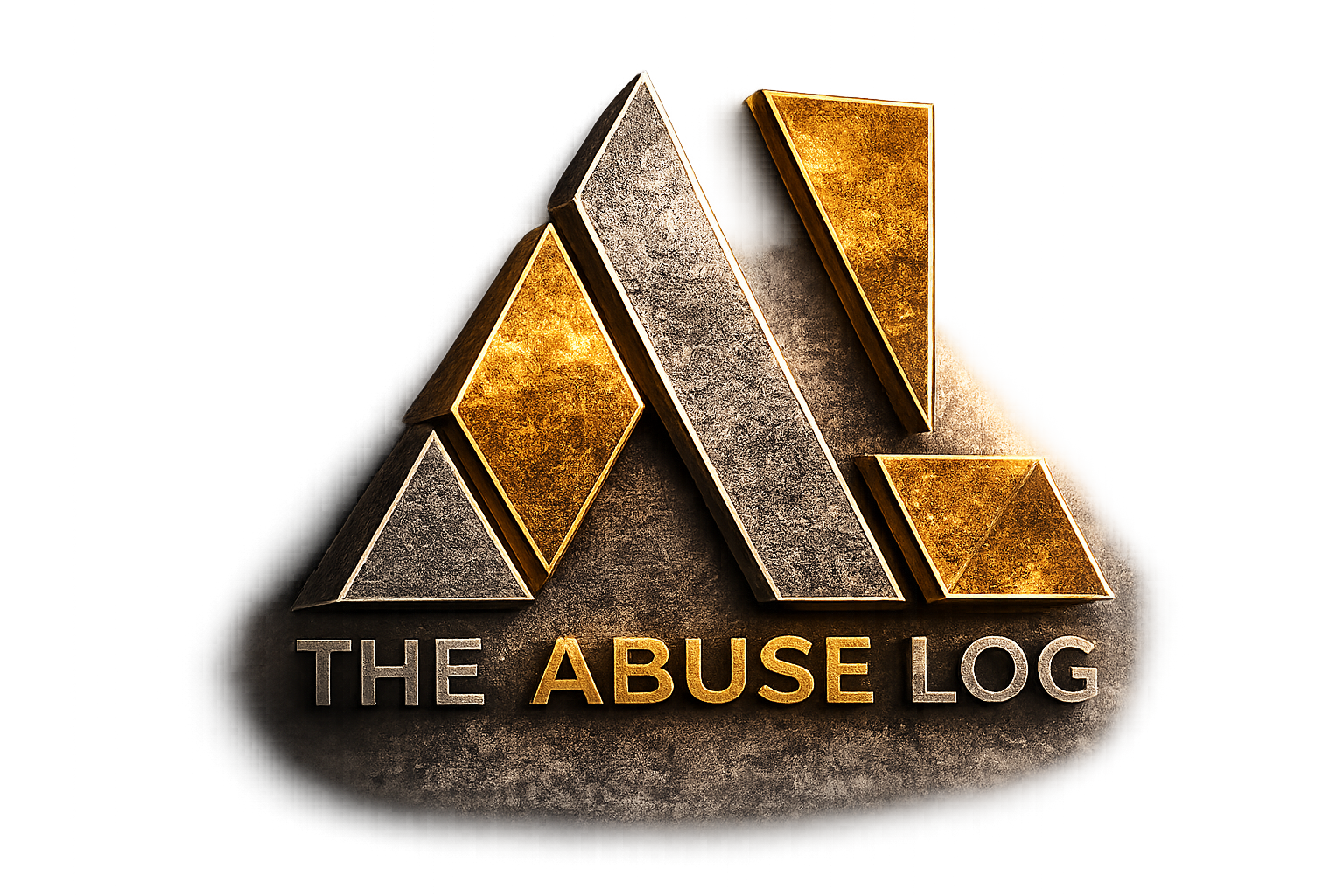The logo features gold and silver geometric shapes resembling pyramids and lines, with the text "THE ABUSE LOG" underneath, on a textured dark background.