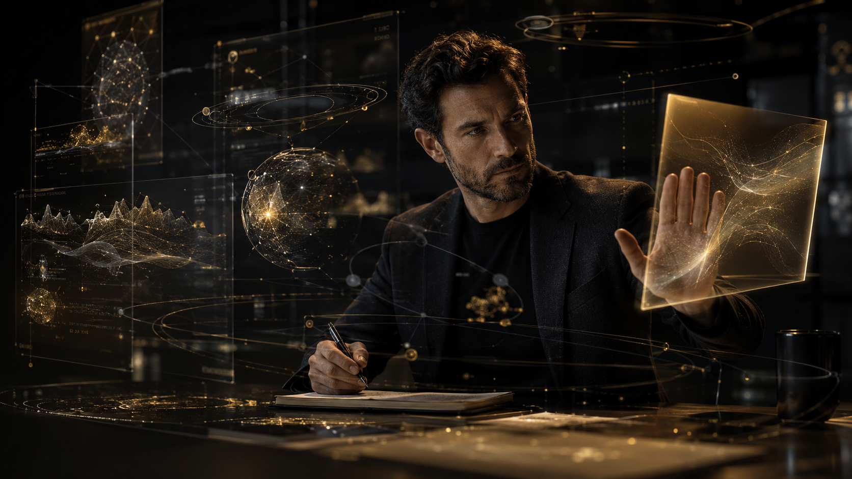 A man in a dark suit interacts with holographic screens displaying digital data and 3D models, with a dark background.