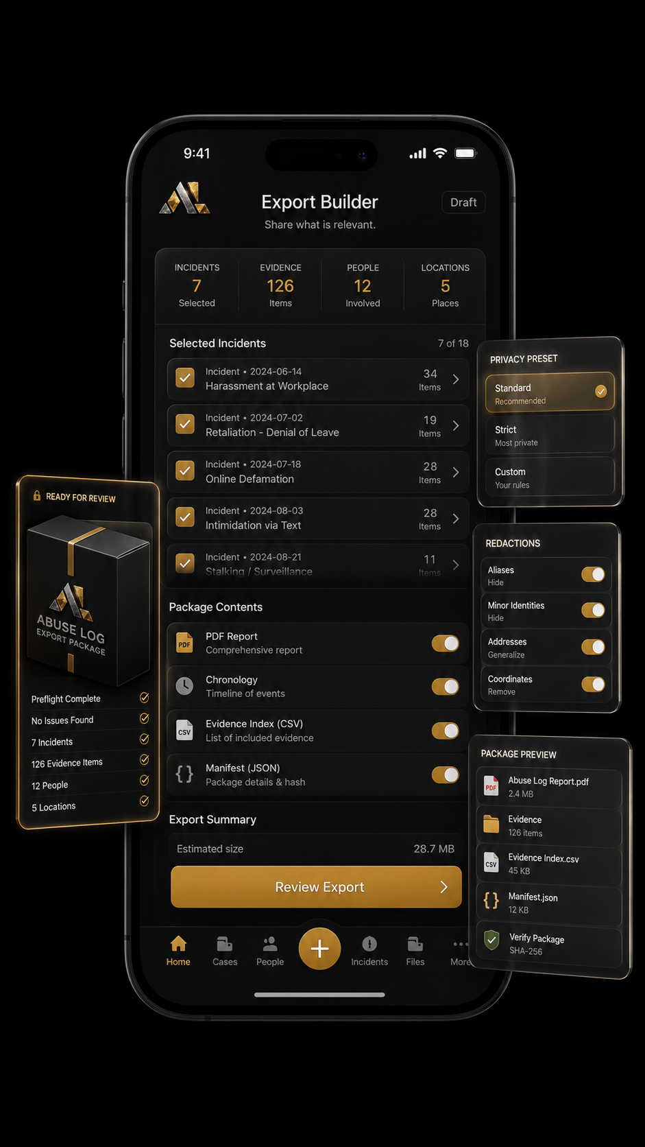 Mobile app screen showing a cybersecurity or investigative tool for creating and managing an export log package. Features include incident tracking, evidence management, privacy and redaction settings, package contents, and export review options.
