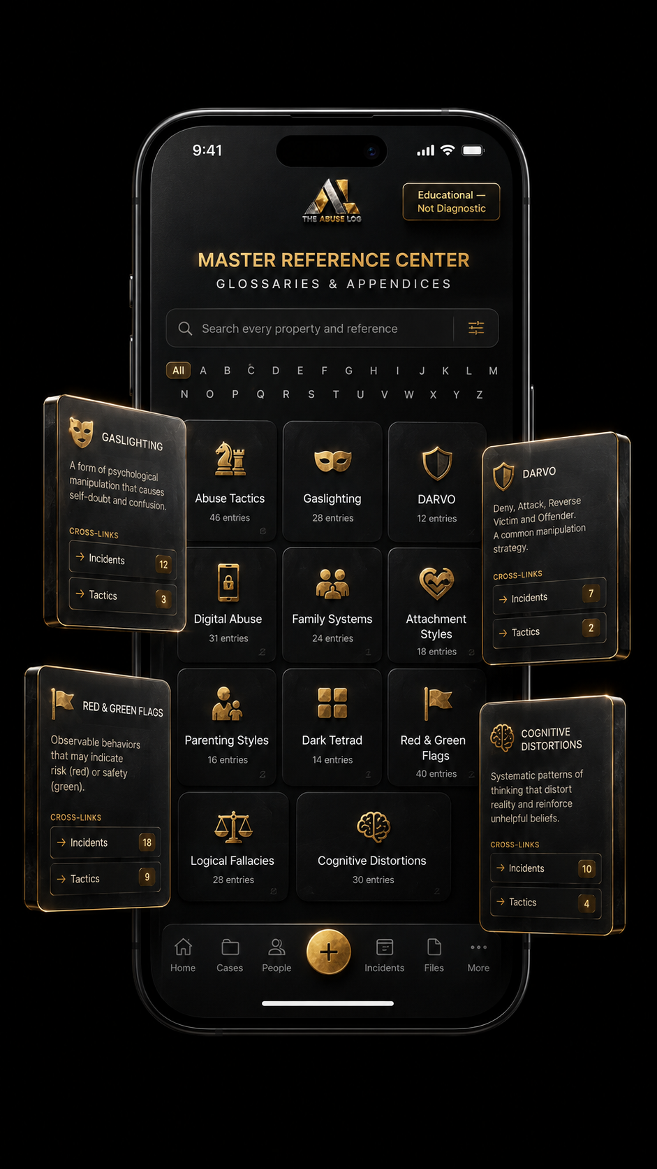 Mobile app interface titled 'Master Reference Center' with categories of abuse-related topics, including gaslighting, abuse tactics, digital abuse, family systems, and others, displayed within a dark-themed interface with gold accents.