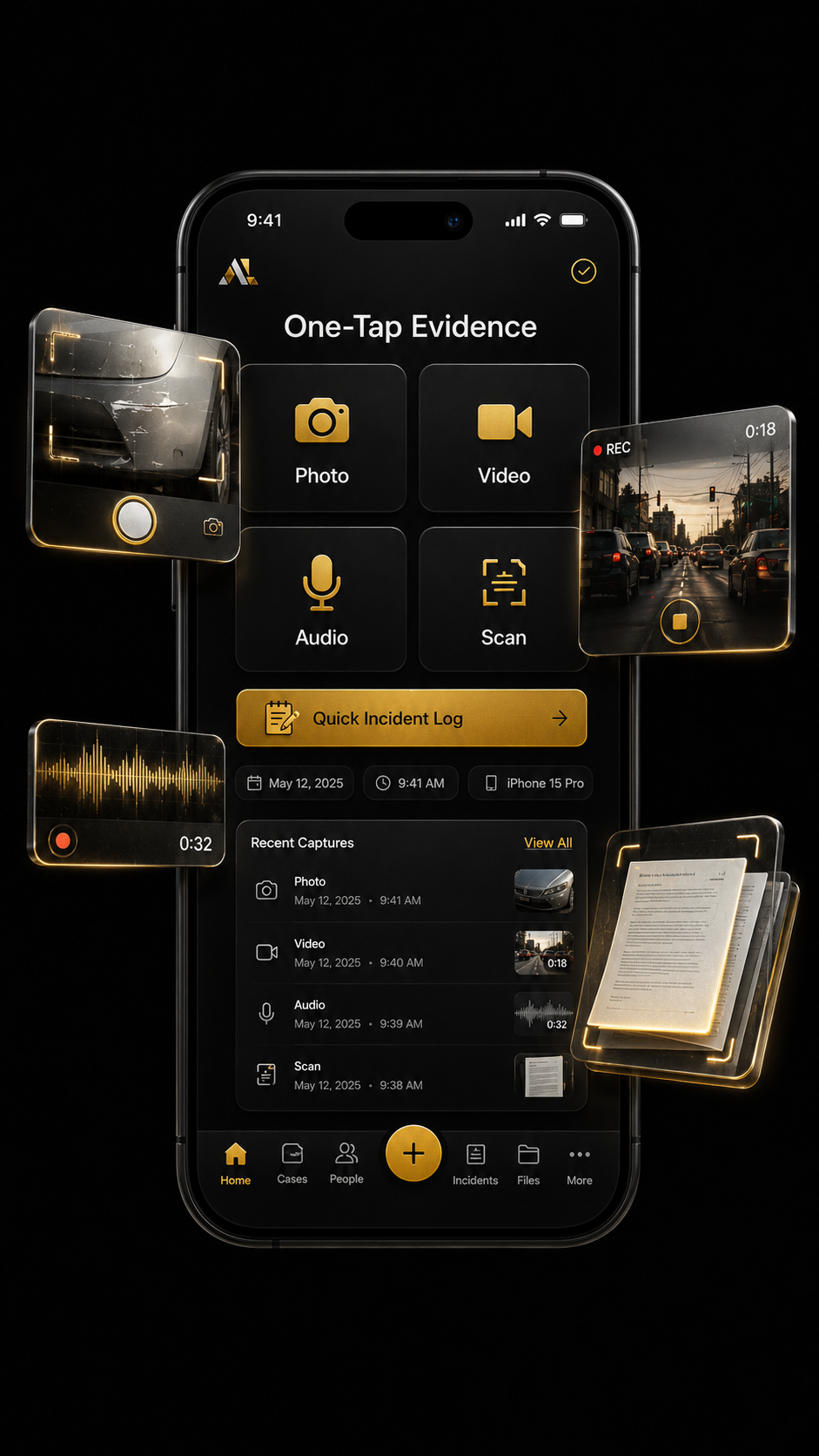 A mobile phone screen showing a safety app interface with options for capturing photo, video, audio, and scanning. The screen displays recent captures and incident logs, with icons for home, cases, people, incidents, files, and more at the bottom.
