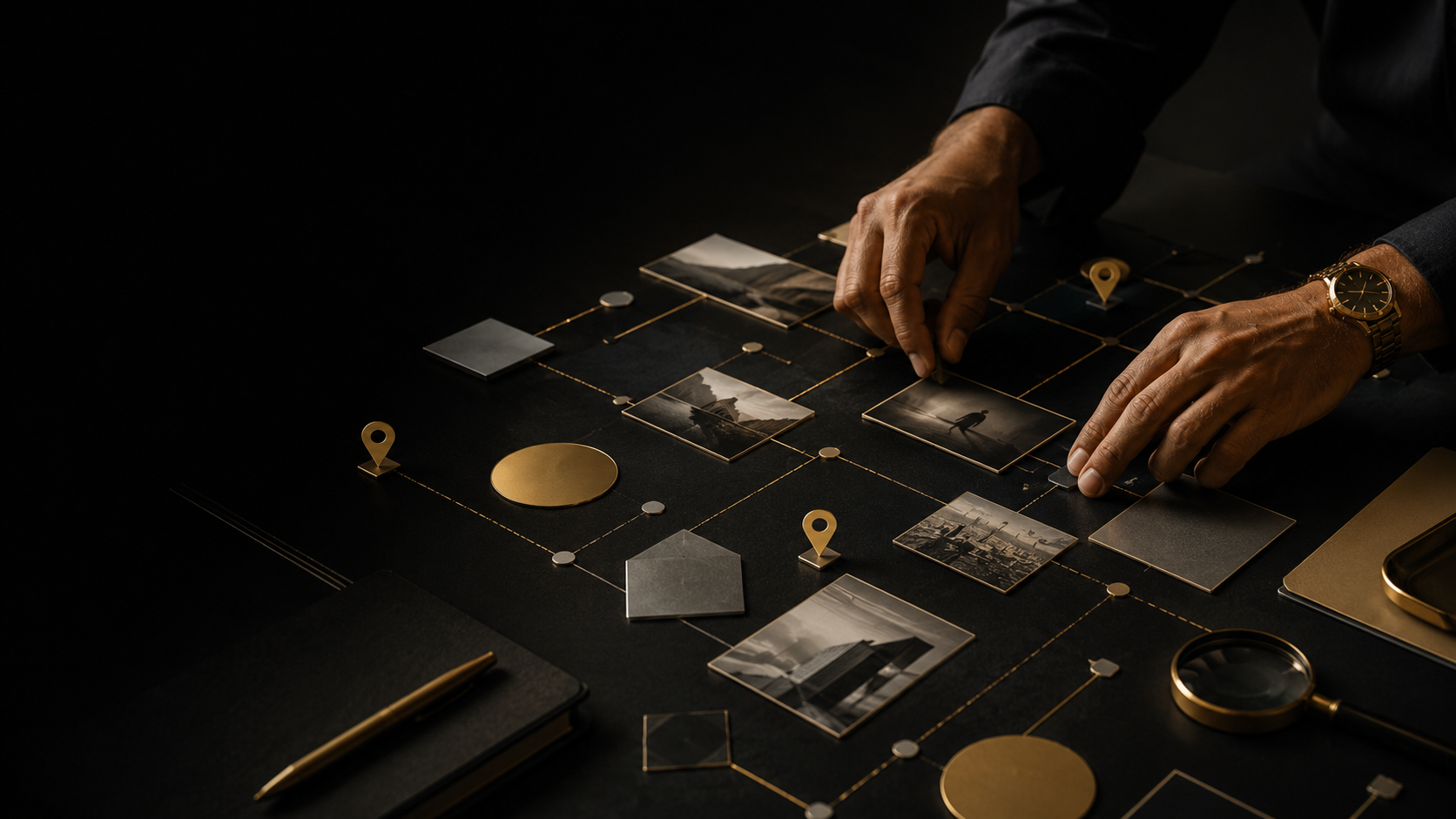 Person working on a dark table with photographs, gold icons, and a magnifying glass, wearing a watch and a dark long-sleeve shirt.