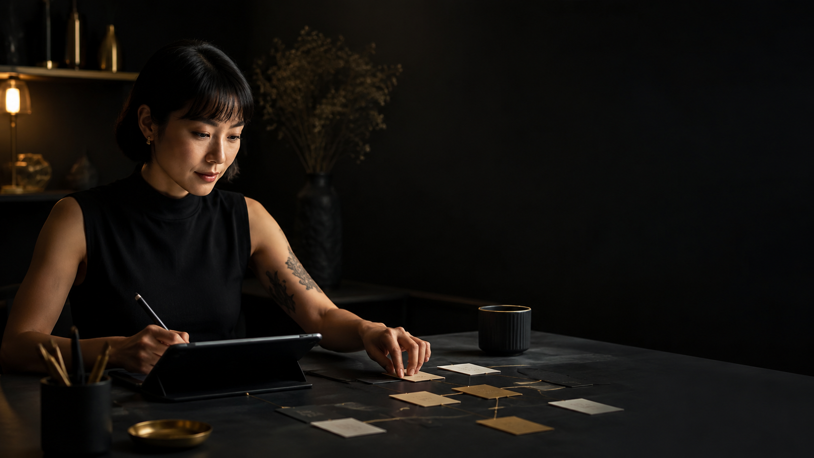 A woman with short dark hair and a tattoo on her arm is sitting at a dark desk, using a tablet and arranging picture cards in a dimly lit room with black walls, decorated with a vase of dried flowers and a shelf with decorative objects.