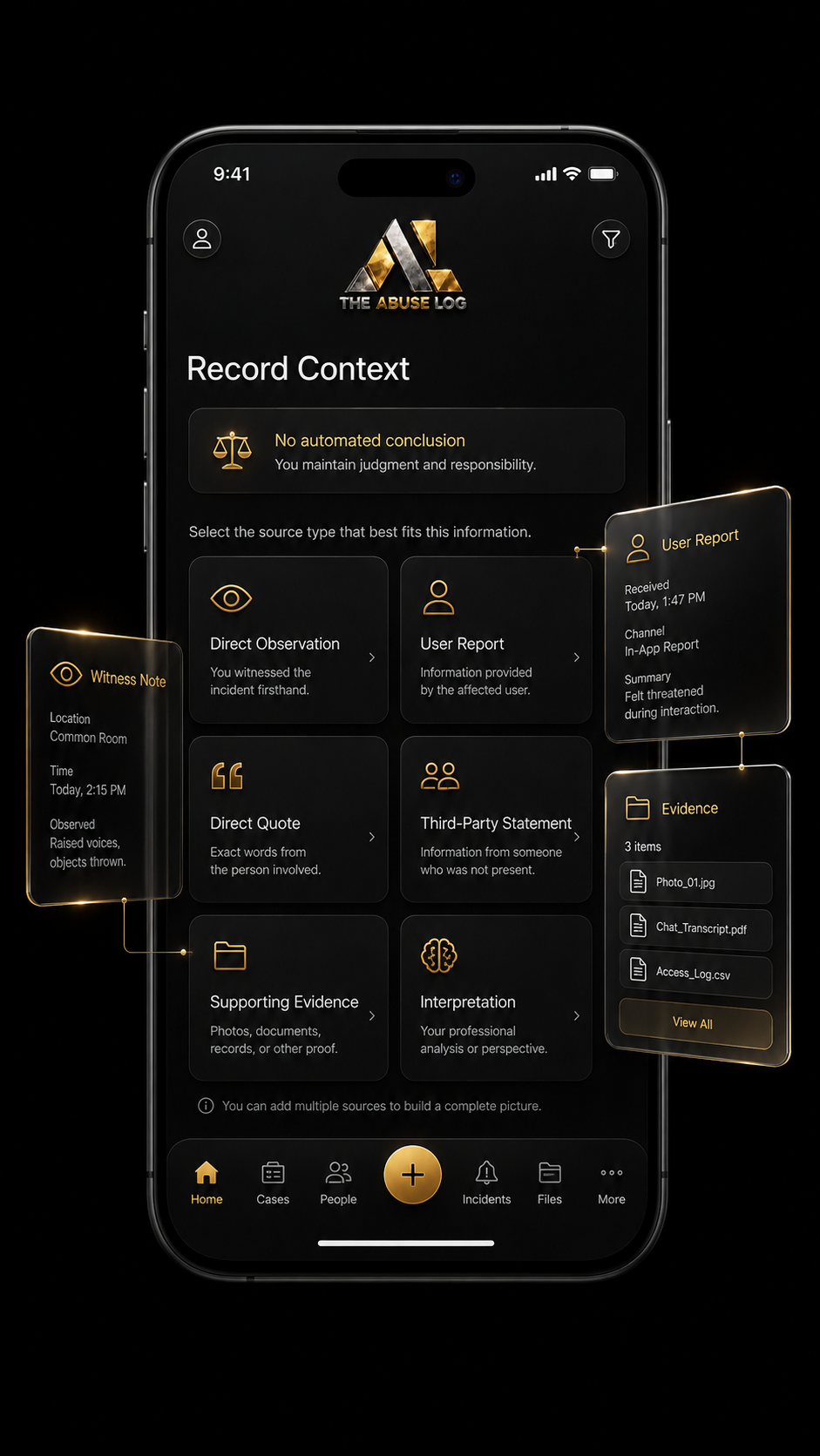 Mobile app interface for The Abuse Log, displaying options for recording incident context, witness notes, evidence, and reports, with a dark theme and gold accents.