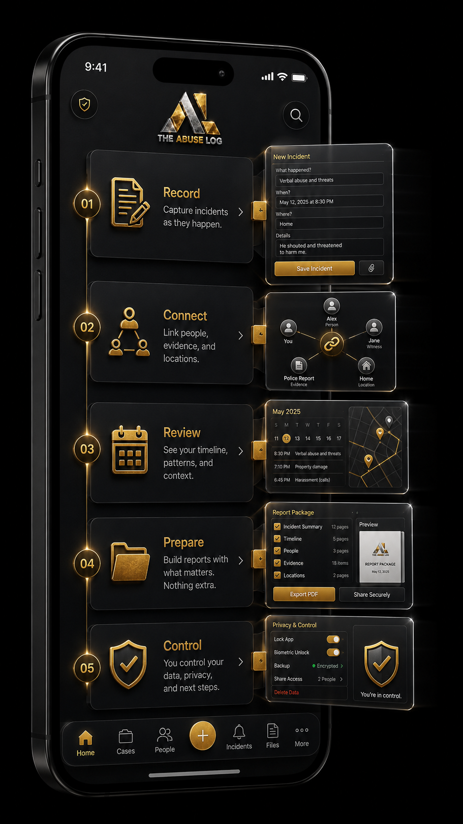 Smartphone screen displaying a security app called 'The Abuse Log' with options for recording incidents, connecting evidence, reviewing timeline, preparing reports, and controlling data privacy.