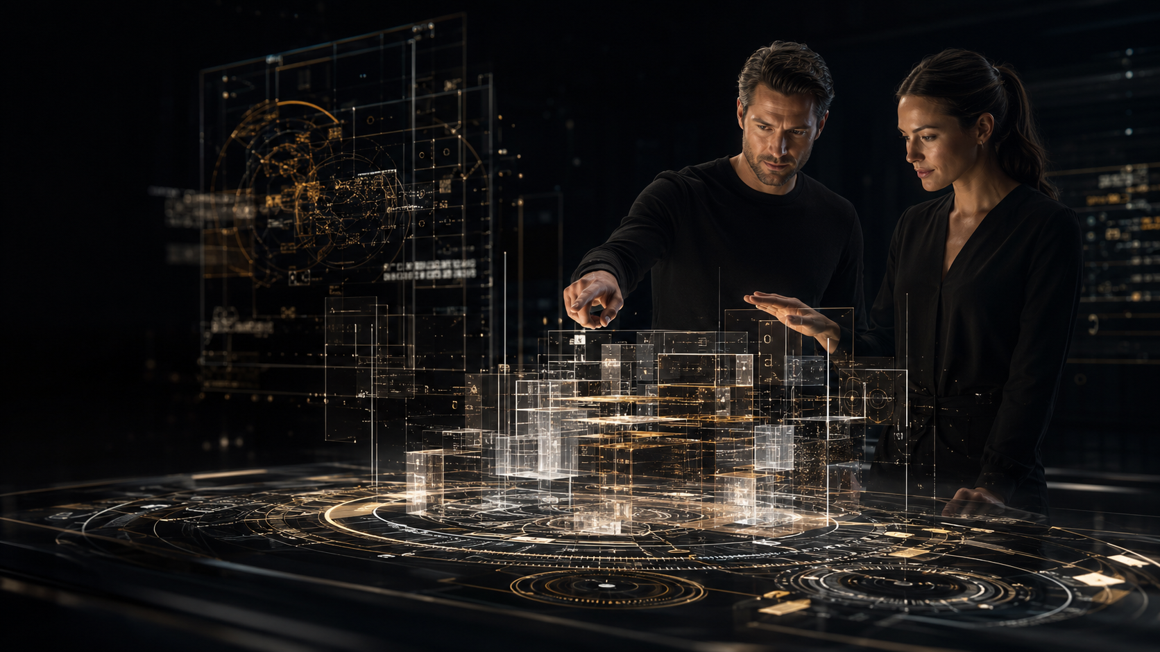 Two people examining a holographic digital blueprint of a building or structure in a dark futuristic setting.