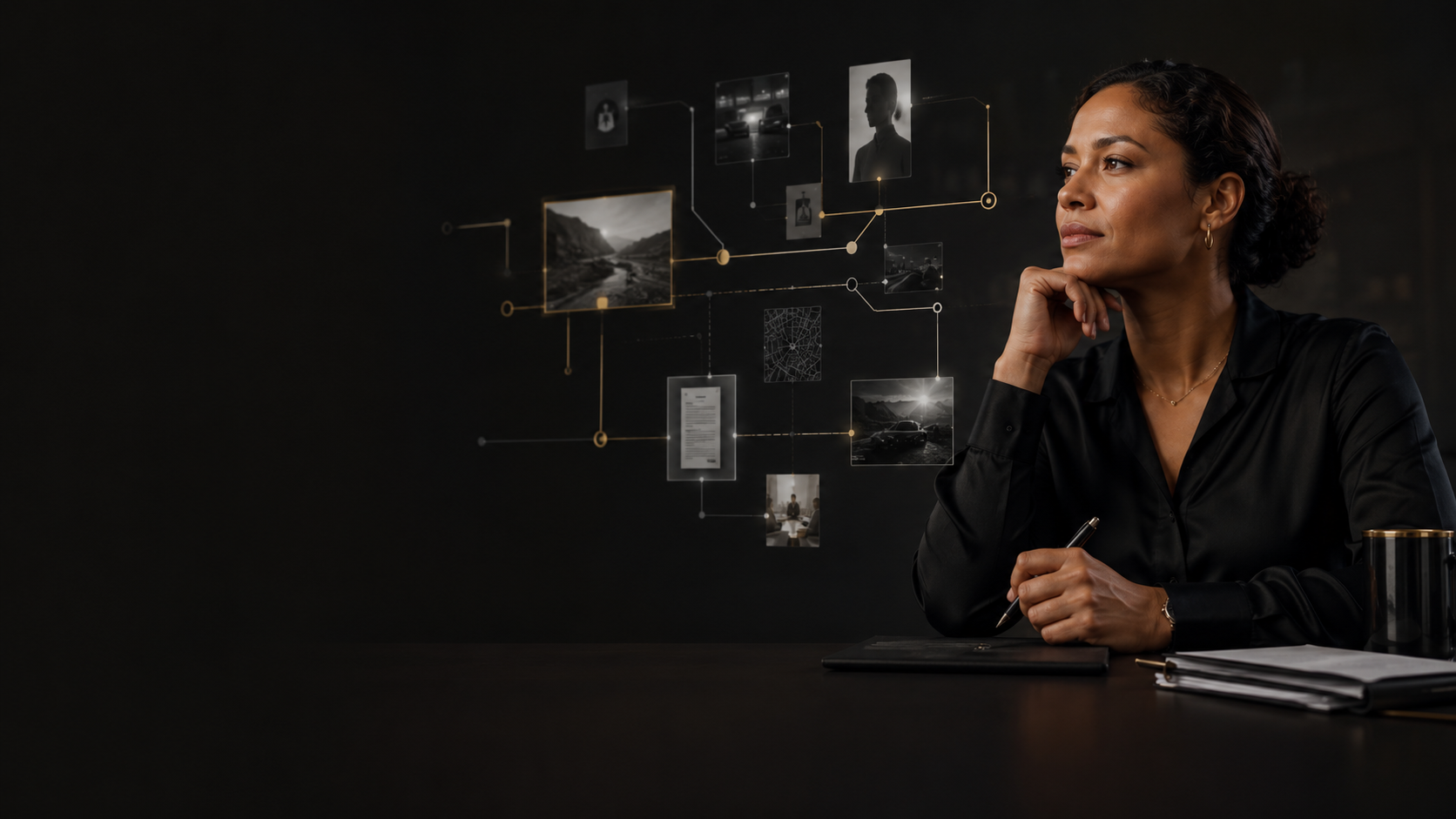 A woman sitting at a desk with a thoughtful expression, holding a pen, surrounded by digital images and lines suggesting a network or data visualization.