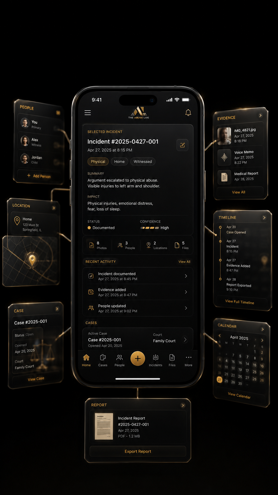 Mobile app interface for incident management with sections for incident details, evidence, timeline, case info, report, calendar, and people involved, displayed with a black background and gold accents.