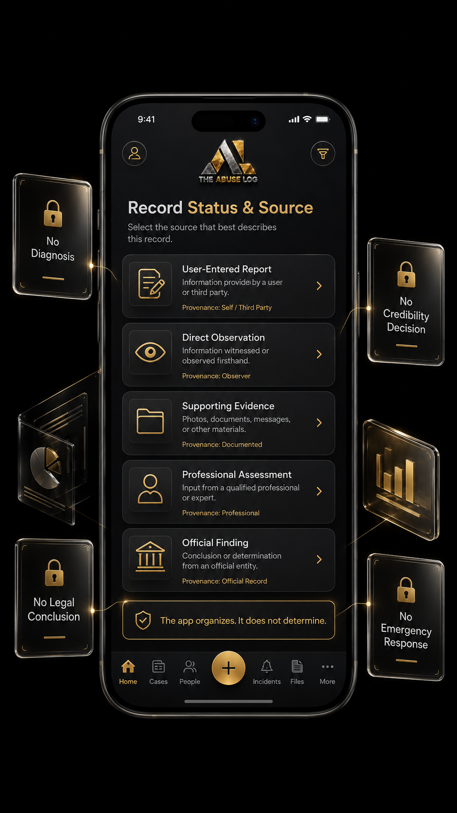 Mobile app interface titled 'Record Status & Source' with options for different types of evidence documentation, including user-entered report, direct observation, supporting evidence, professional assessment, and official finding. Surrounding icons indicate various statuses like 'No Diagnosis,' 'No Credibility Decision,' 'No Legal Conclusion,' and 'No Emergency Response.'
