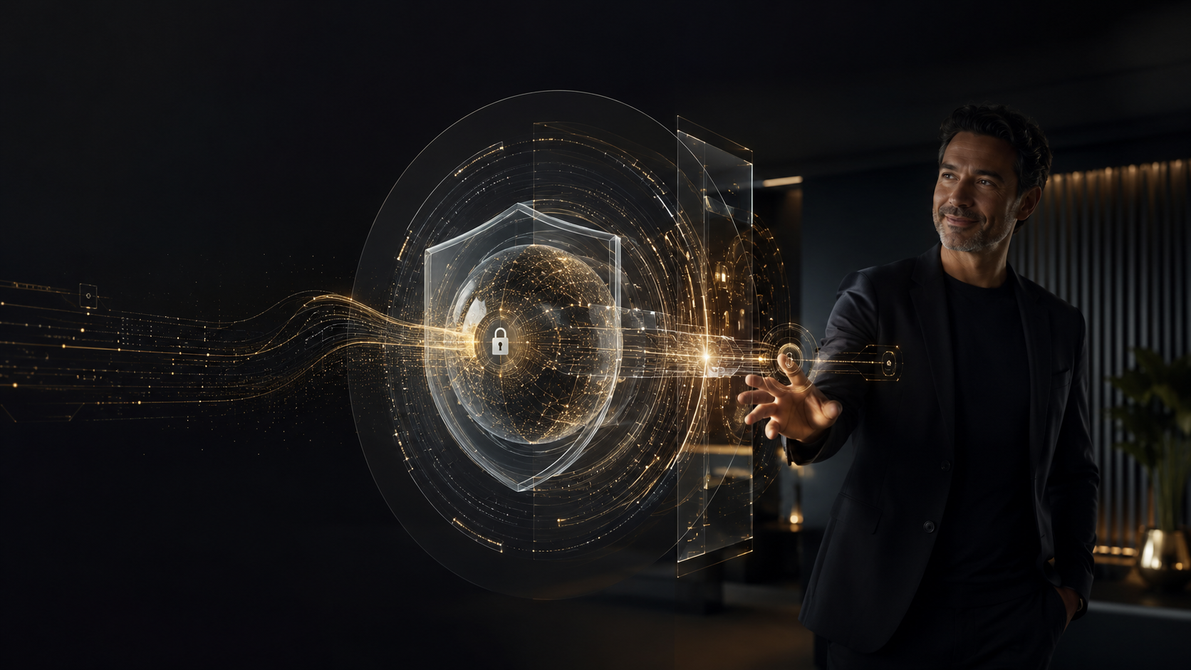 A man in a black suit interacts with a digital holographic interface featuring a globe, shield, and lock icons, representing cybersecurity or digital security concepts.