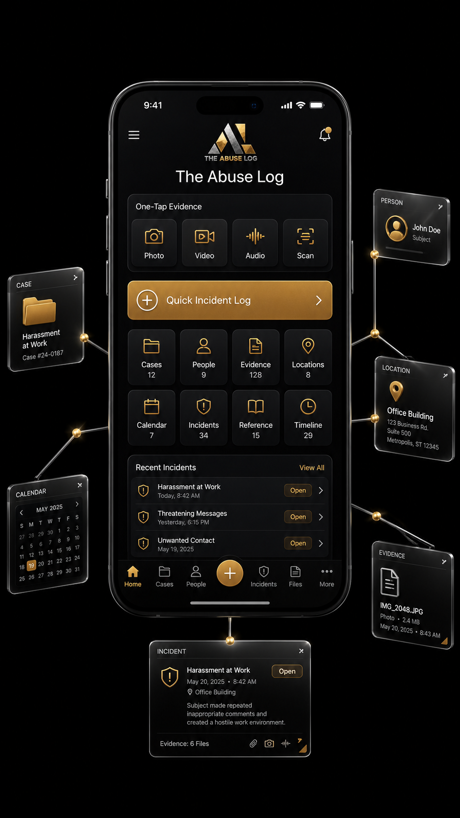 A smartphone displaying an app called 'The Abuse Log' with features for recording evidence, cases, incidents, and locations related to abuse reports, along with recent incident logs and evidence files.