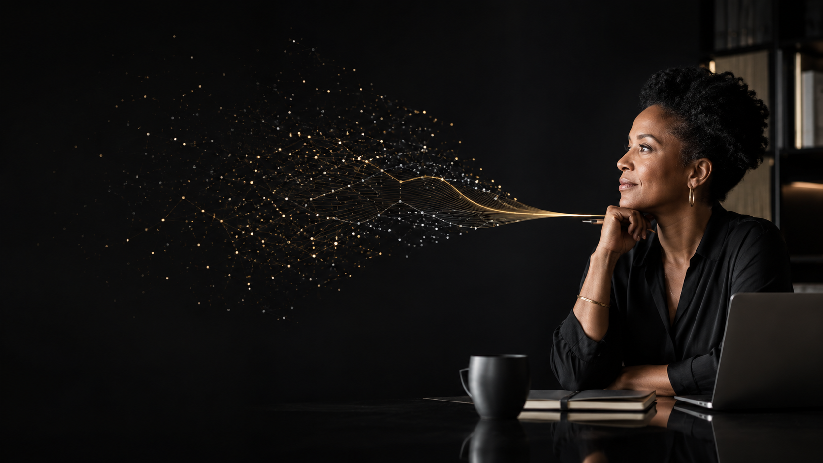 A woman sitting at a desk with a laptop, holding a pen to her chin, appearing to think, while a digital network of glowing points and lines extends from her mouth, symbolizing communication or ideas.
