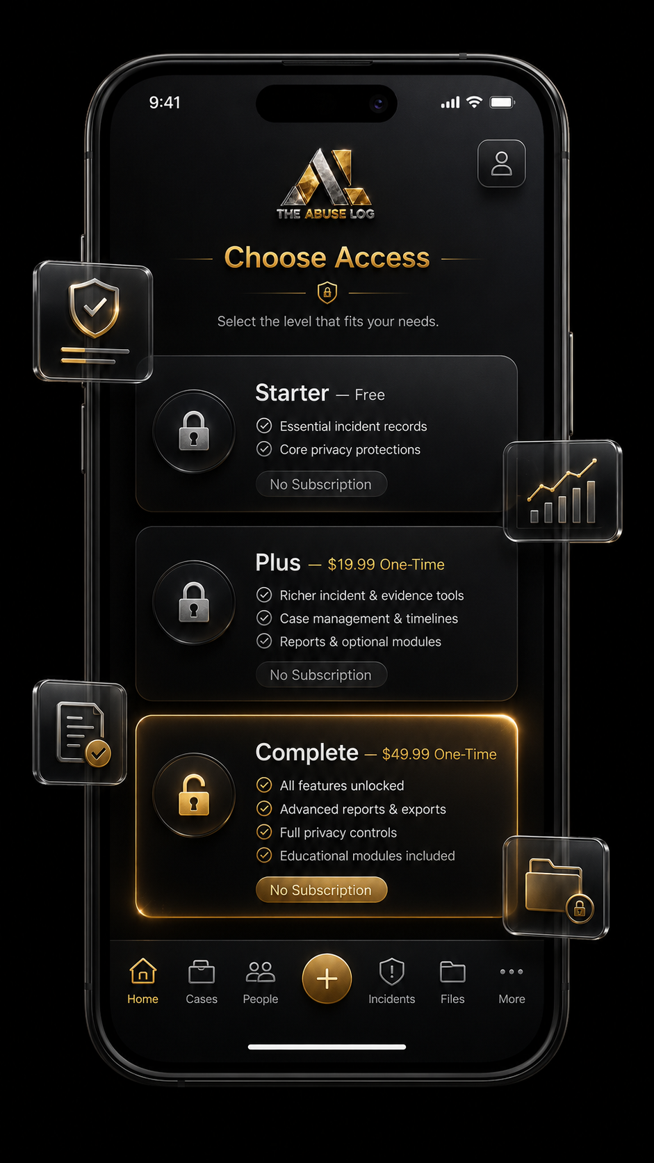 Smartphone displaying app interface for 'The Abuse Log' with subscription options: Starter, Plus, and Complete, over a black background.