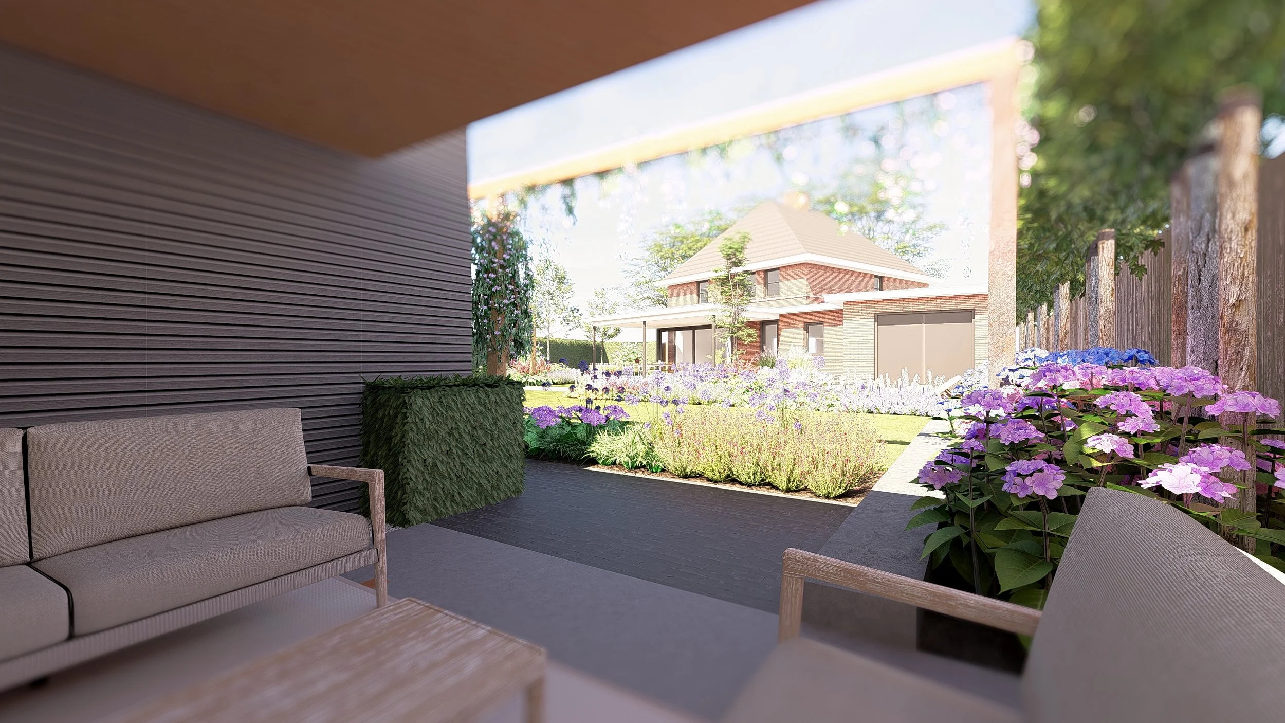 Gezicht op een beschut terras met tuin en bloemen, uitzicht op een moderne huis met garage en tuin met bloemen en bomen.