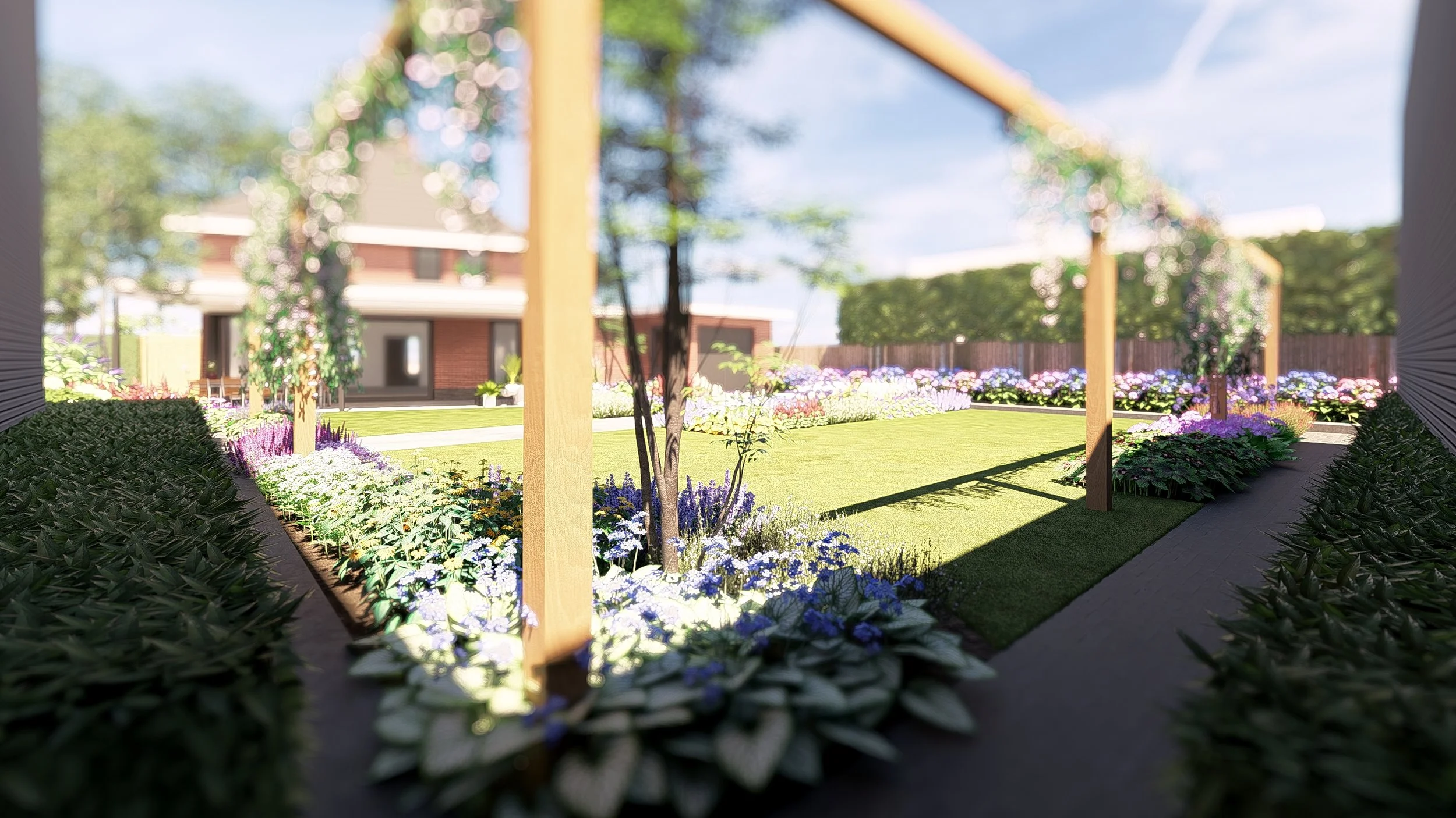 Een tuin met groene grasvelden, bloemperken met kleurrijke bloemen, houten pergola’s en een pad, met een huis op de achtergrond.